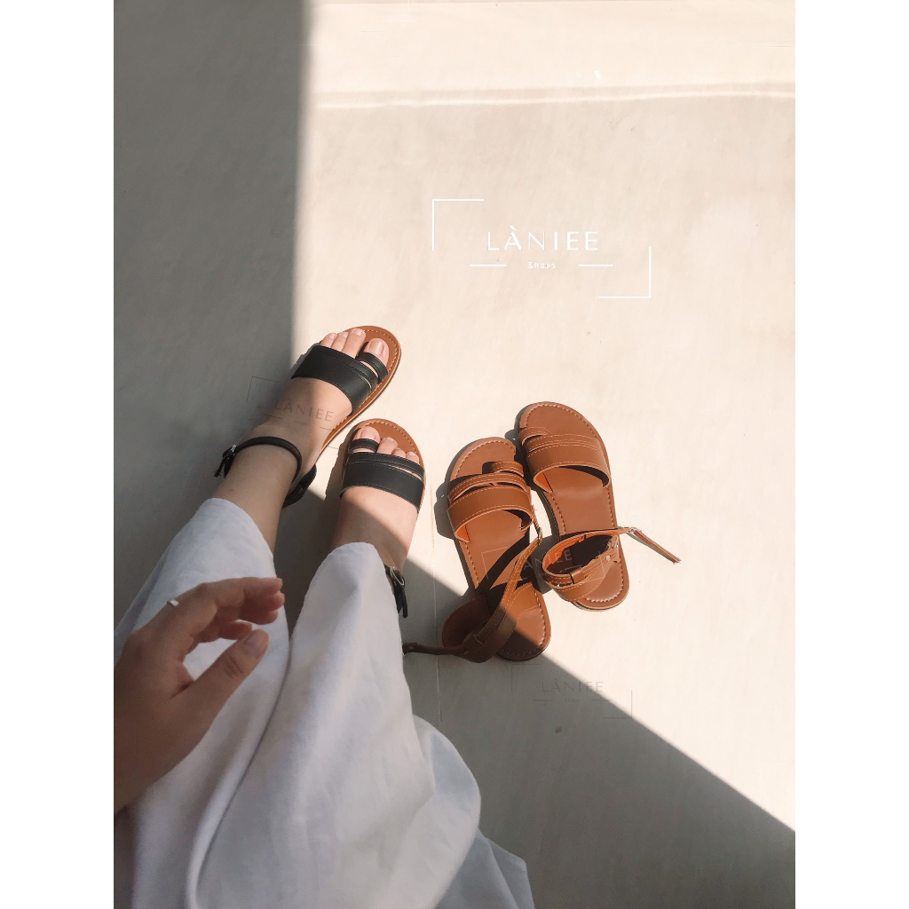 Sandal Nữ quai ngang đôi xỏ ngón Làniee  2 màu đen, nâu dây gài cổ chân ĐẾ TPR NÂU SÁNG - LNX01