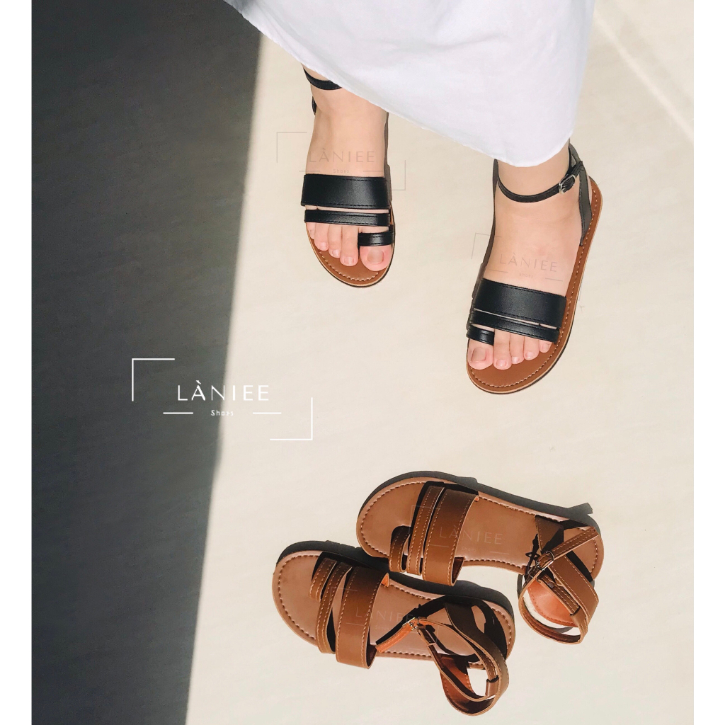 Sandal Nữ quai ngang đôi xỏ ngón Làniee  2 màu đen, nâu dây gài cổ chân ĐẾ TPR NÂU SÁNG - LNX01