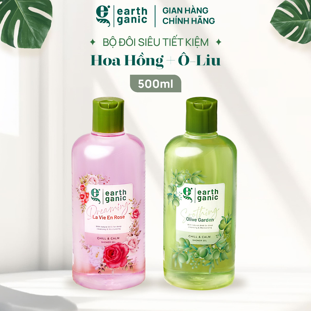 Combo tiết kiệm làm sạch sâu 500ml - Bộ đôi sữa tắm trắng da Earthganic tẩy tế bào chết thơm lâu, thành phần thiên nhiên