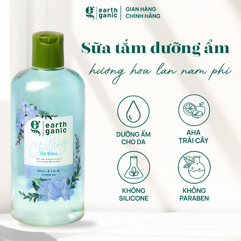 Sữa tắm dưỡng ẩm trắng da Earthganic Hương Lan Nam Phi AHA trắng da thơm lâu, thành phần thiên nhiên