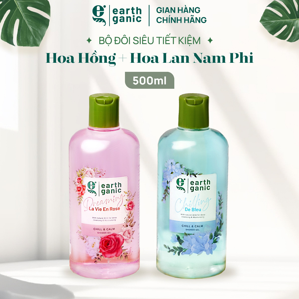 Combo tiết kiệm Hương hoa 500ml - Bộ đôi sữa tắm dưỡng ẩm trắng da Earthganic AHA trắng da thơm lâu thành phần thiên nhi