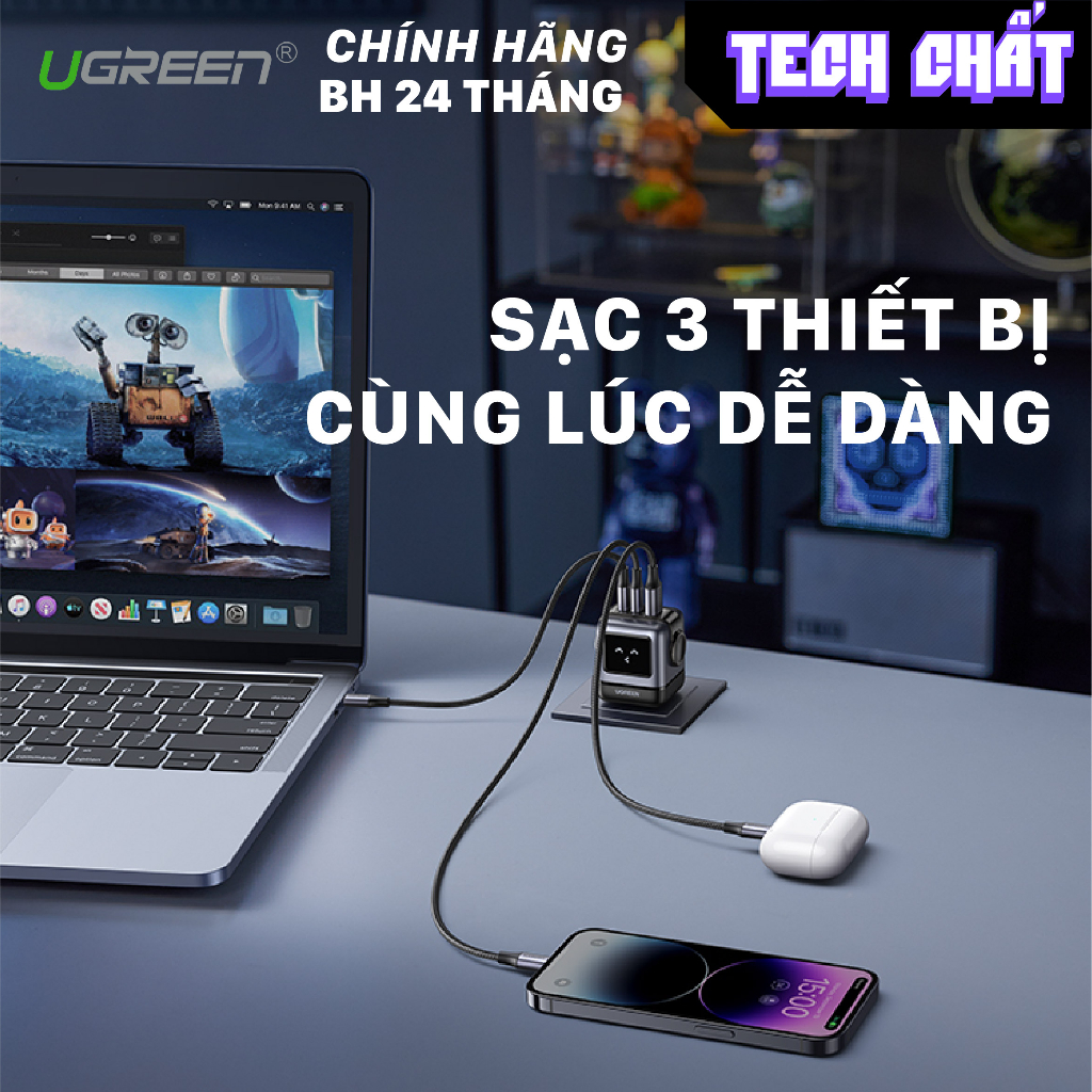 Củ sạc nhanh Ugreen Robot chính hãng 65W 3 cổng công nghệ Gan có màn hình hiển thị cảm xúc CD361