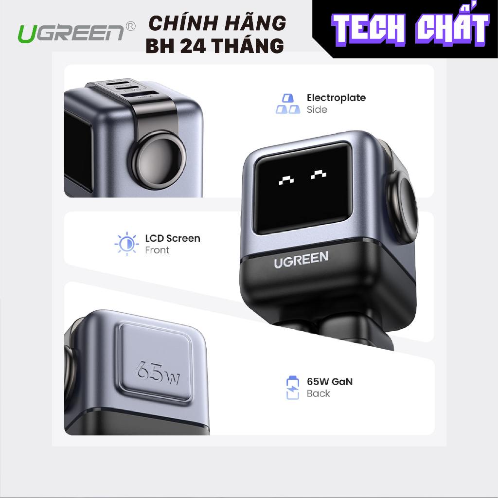 Củ sạc nhanh Ugreen Robot chính hãng 65W 3 cổng công nghệ Gan có màn hình hiển thị cảm xúc CD361