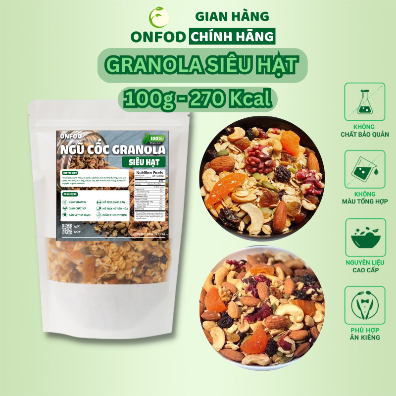 Ngũ cốc granola siêu hạt nguyên vị ONFOD giảm cân dành cho người tiểu đường, ăn kiêng, bà bầu, gym 250g 500g