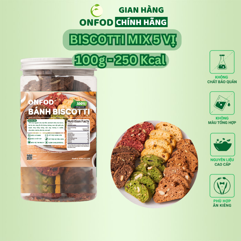 Bánh BISCOTTI ONFOD ăn kiêng giảm cân nguyên cám không đường mix 5 vị dành cho người giảm cân eat clean, tiểu đường