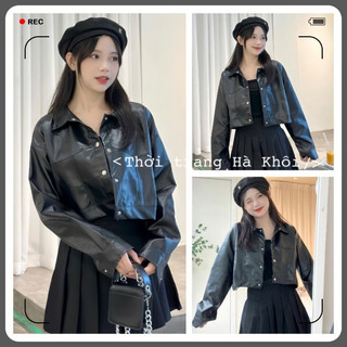 Áo khoác da dài tay cúc bấm, áo da nữ dáng croptop cá tính