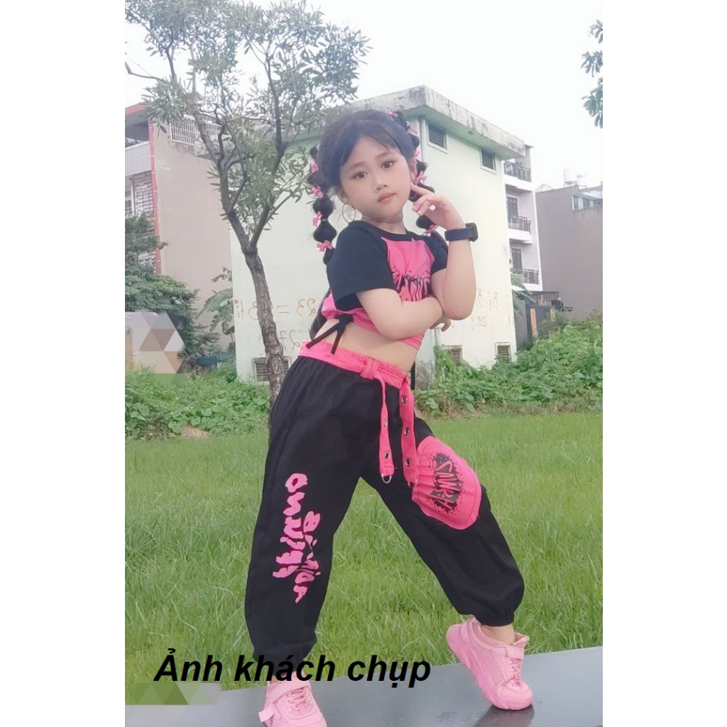 Bộ bé gái_Set quần áo bé gái phong cách Zumba Hiphop áo rút dây quần bo túi hộp 12-35kg XHN1419