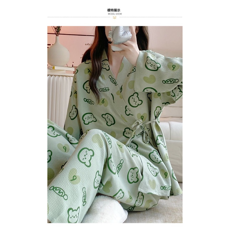 Set ngủ cộc đùi/ dài tay phong cách yukata khủng long dễ thương