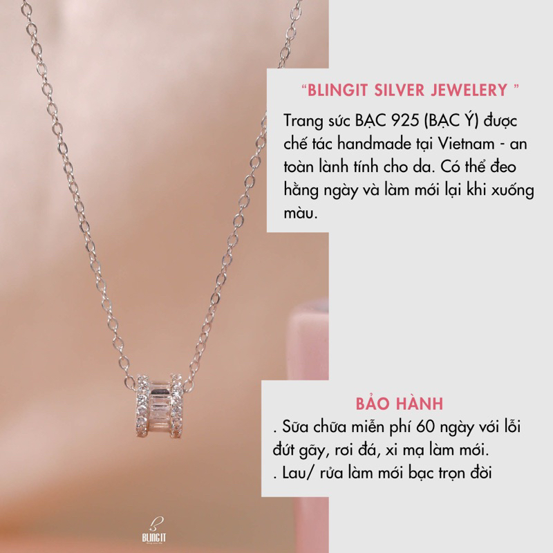 Dây chuyền bạc nữ BLINGIT mặt hộp hình bánh xe đính đá phong cách trang sức thanh lịch nữ tính - BIVC298