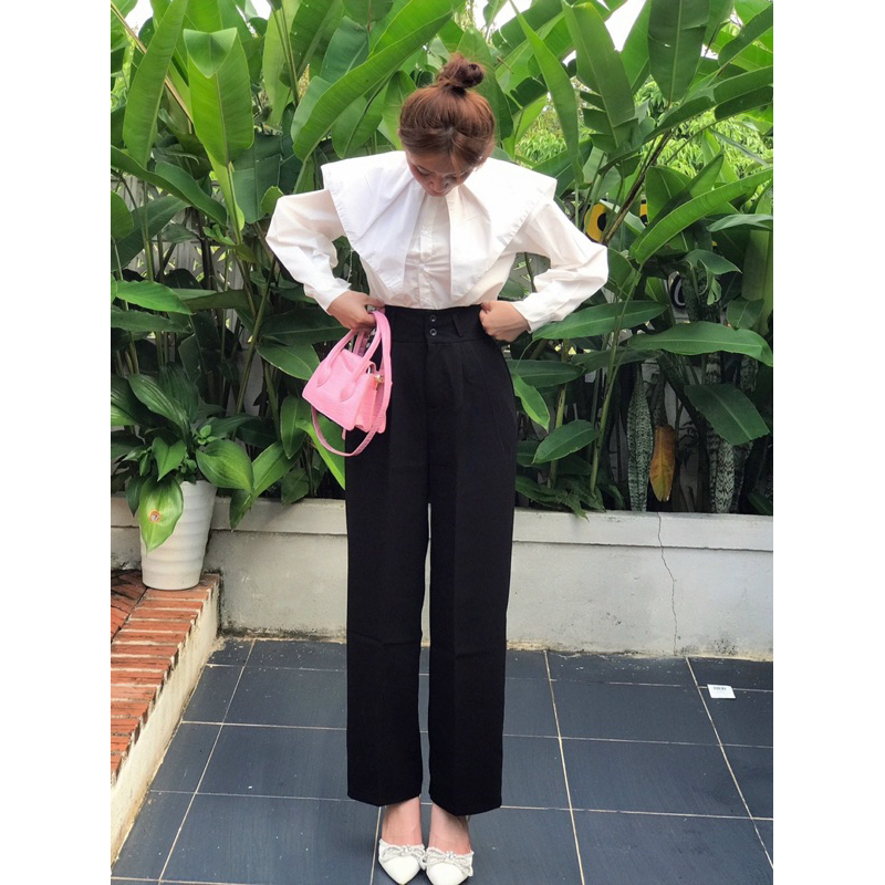 Quần Ống Rộng Cạp Cao, Quần Suông Khóa Trước 2 Khuy  Giữa Cạp Cao Chất Tuyết Mưa  - Quần Culottes Cạp Cao Cho Nữ