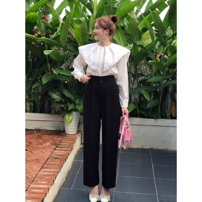 Quần Ống Rộng Cạp Cao, Quần Suông Khóa Trước 2 Khuy  Giữa Cạp Cao Chất Tuyết Mưa  - Quần Culottes Cạp Cao Cho Nữ