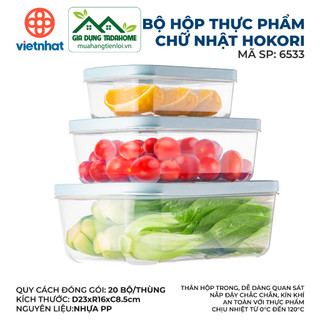 Bộ 3 hộp thực phẩm chữ nhật nắp mềm kín hơi 750 việt nhật hokori 6533 - tadahome