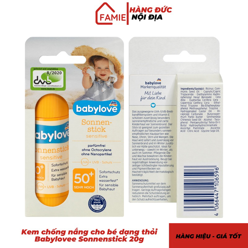 Kem chống nắng Babylove SPF 50+ dành cho bé và da nhạy cảm, tuýp 30ml/ thanh lăn 20g - Hàng Đức