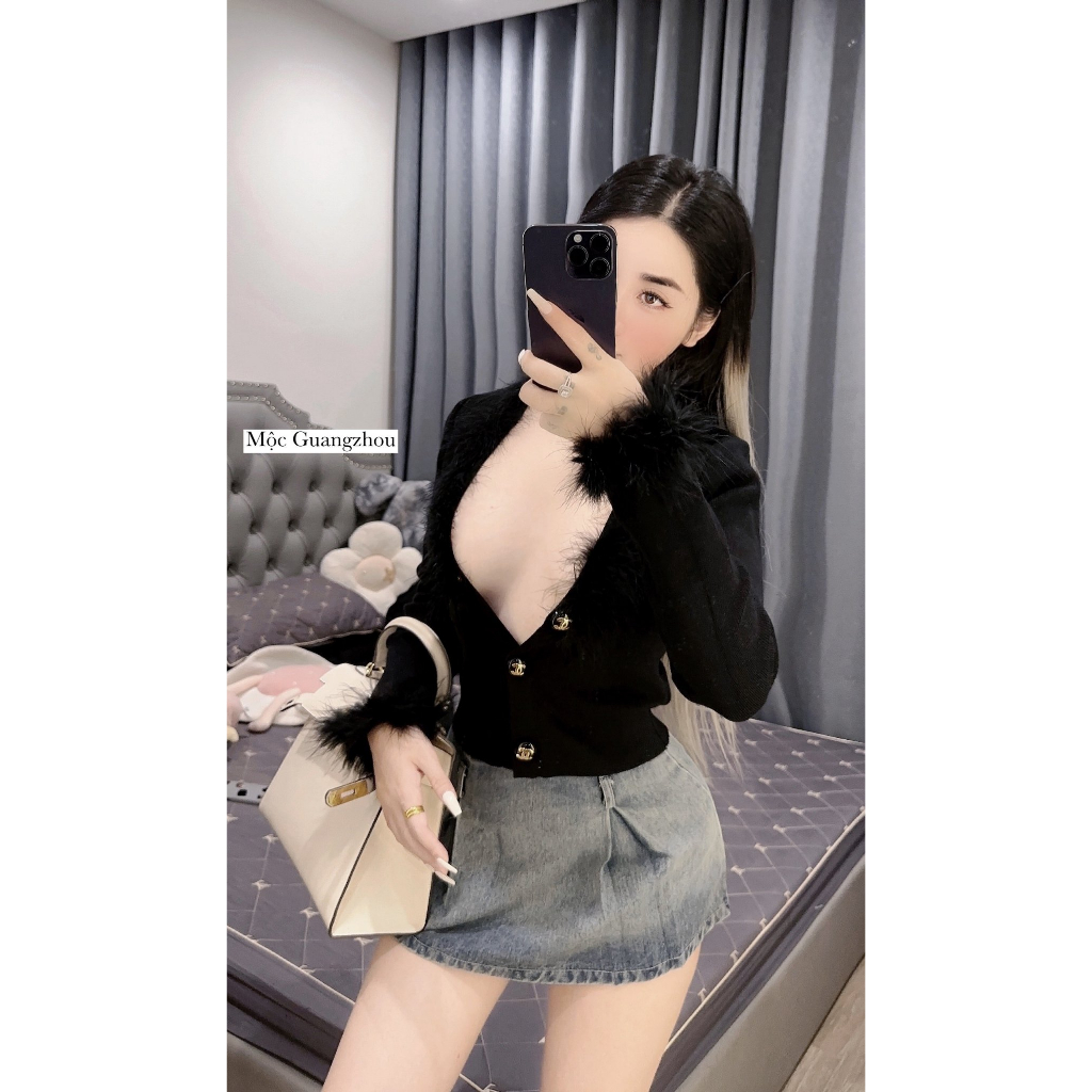 Áo crotop len pha viền lông hàng QCL1