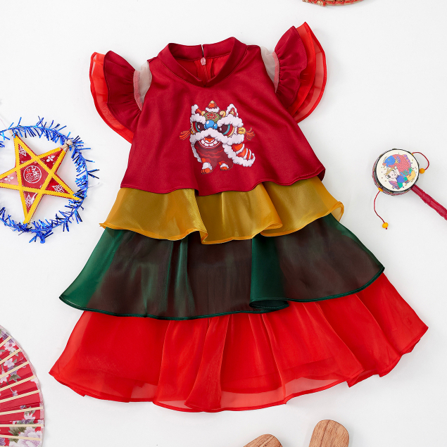 Váy trung thu bé gái ILABY bốn tầng in lân chất liệu tơ kèm lót mềm mại cho bé 10-35kg