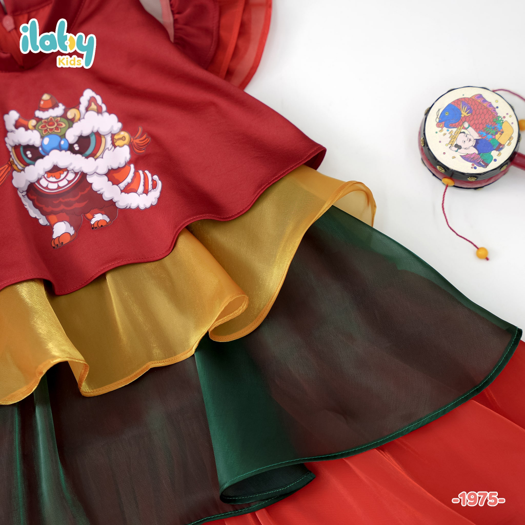 Váy trung thu bé gái ILABY bốn tầng in lân chất liệu tơ kèm lót mềm mại cho bé 10-35kg