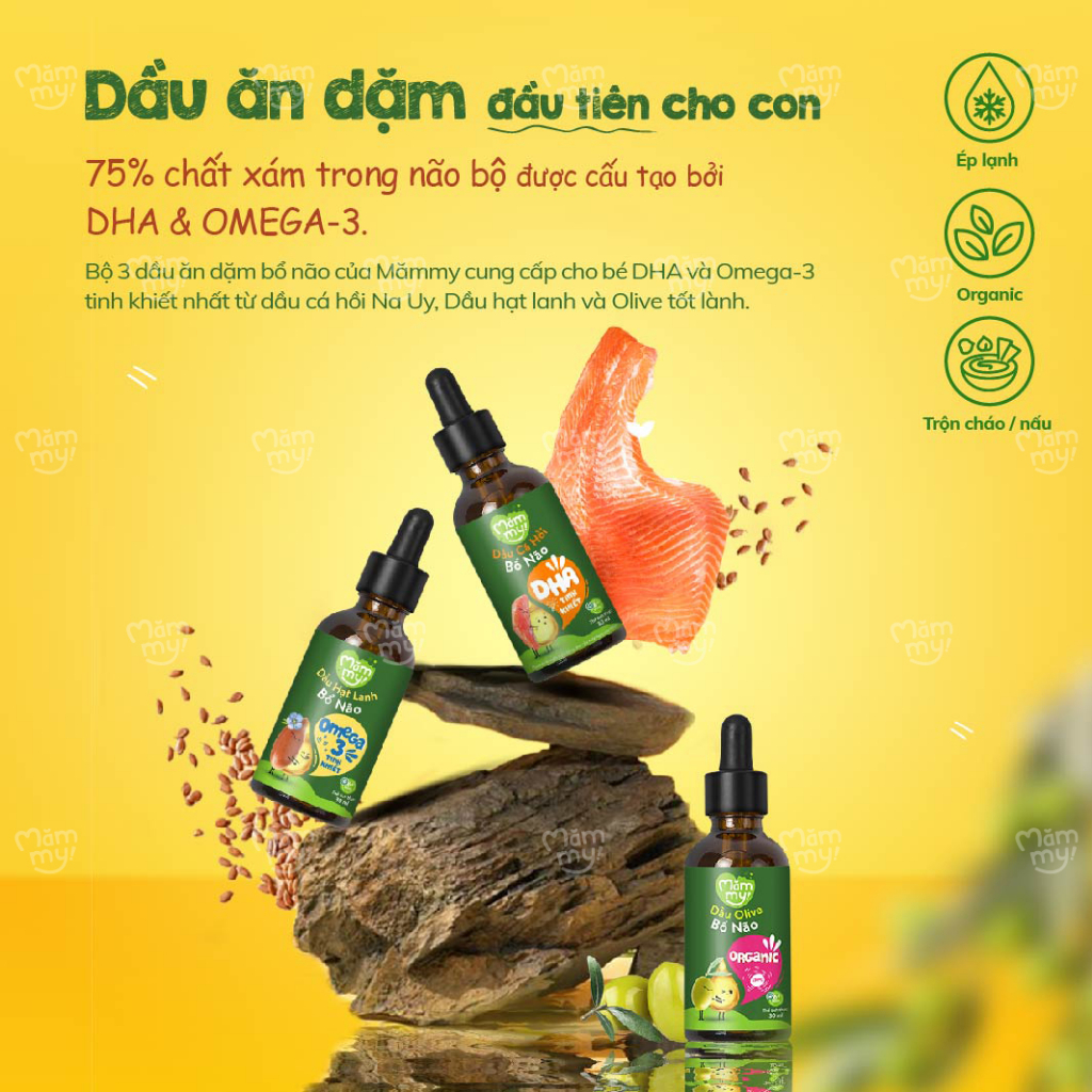 Combo chóng lớn Mămmy bao gồm set 9 hạt mix, 2 hộp phô mai và set 3 dầu 30ml dành cho bé 6 tháng tuổi