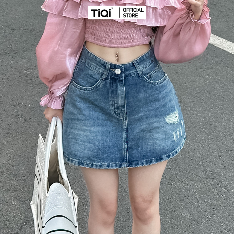Chân váy jean bò ngắn ôm rách nhẹ TiQi Jeans V1-265
