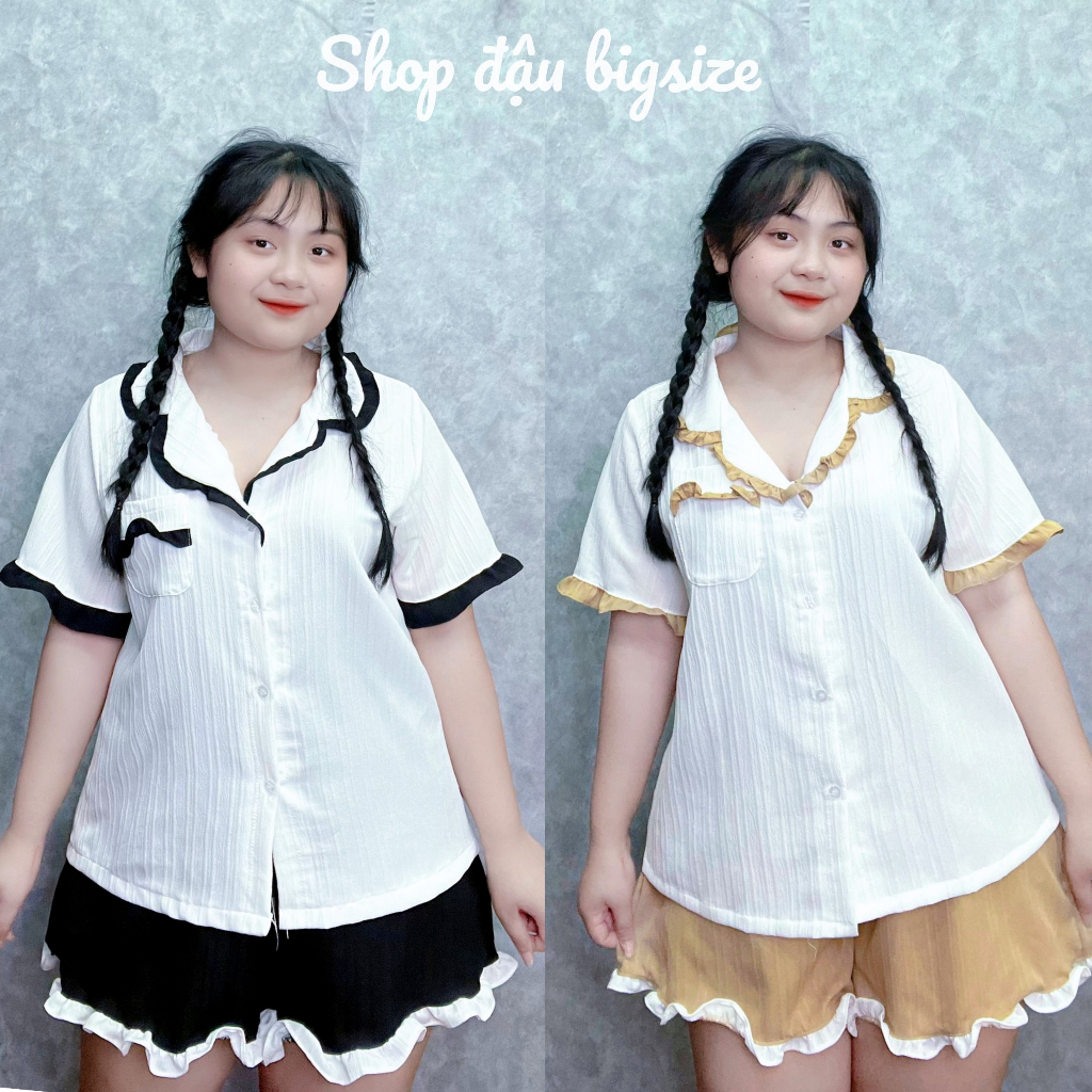 Set đồ bộ ngủ pyjama bigsize nữ vạt bèo xinh xắn có túi 1 bên chất vải đũi xốp mát mẻ dành cho nàng mũm mĩm 58-95 SET65