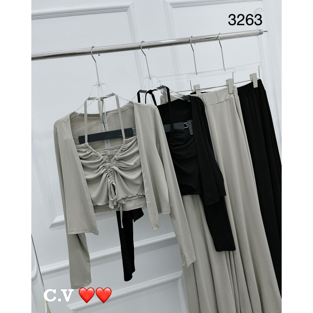 Set áo yếm phối áo khoác cardigan hàng QCL1