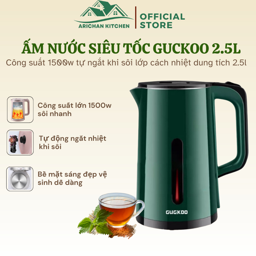 Ấm Siêu Tốc, Bình Đun Nước Guckoo Dung Tích 2.5L Công Suất 1500W 2 Lớp Cách Nhiệt Tự Ngắt Khi Sôi Bảo Hành 12 Tháng