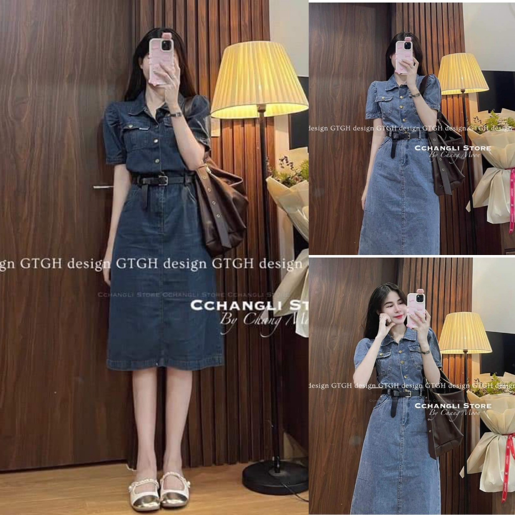 Váy đầm jean nữ cổ sơ mi kèm dây nịt phong cách trẻ trung nữ tính
