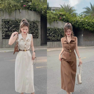 Váy đầm nữ cổ sơ mi dáng dài kèm đai