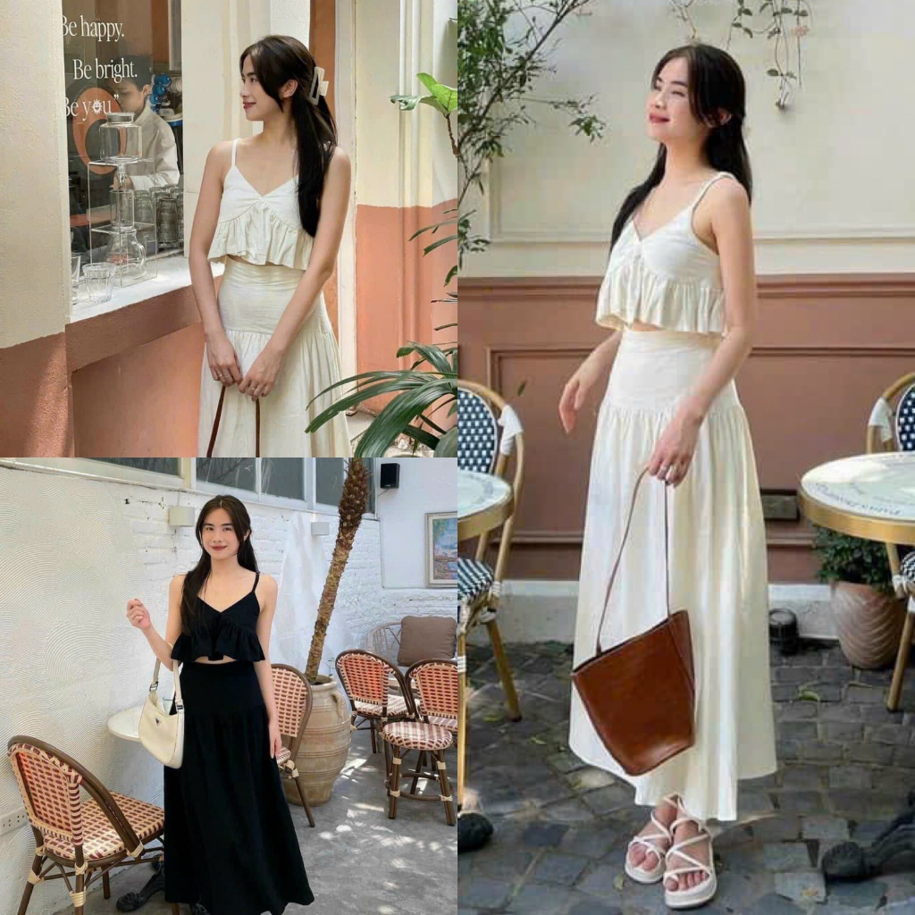 Sét bộ đồ nữ áo hai dây cổ V phối chân váy xòe kiểu dáng quyến rũ xinh xắn