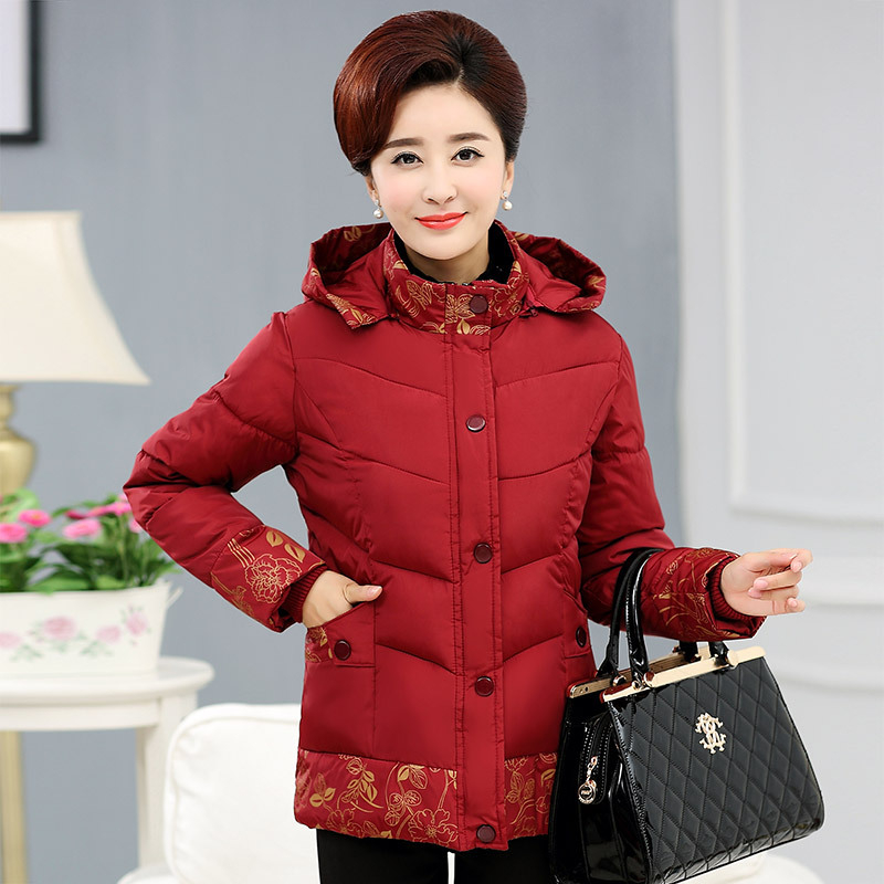 Áo phao tặng bà, tặng mẹ，Áo phao trung niên cho mẹ và bà, áo khoác trung tuổi có mũ hàng quảng châu cao cấp