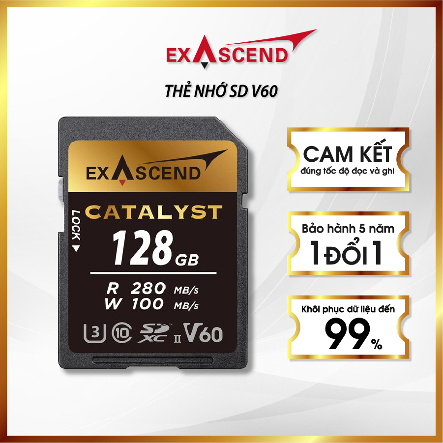 Thẻ nhớ máy ảnh 128gb, Thương hiệu Exascend Catalyst V60, Bảo hành 5 năm 1 đổi 1
