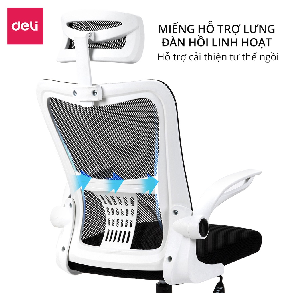 Ghế Xoay Văn Phòng Deli - Lưng Kép, Tựa Đầu Điều Chỉnh Độ Cao Chống Mỏi, Tay Gập Thông Minh Bảo Hành 7 Ngày 1 Đổi 1 HCM
