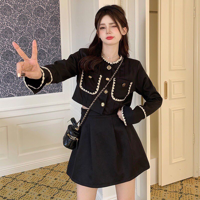 Set áo khoác nhung dài tay phối viền ren tiểu thư kèm chân váy ngắn xếp ly trẻ trung