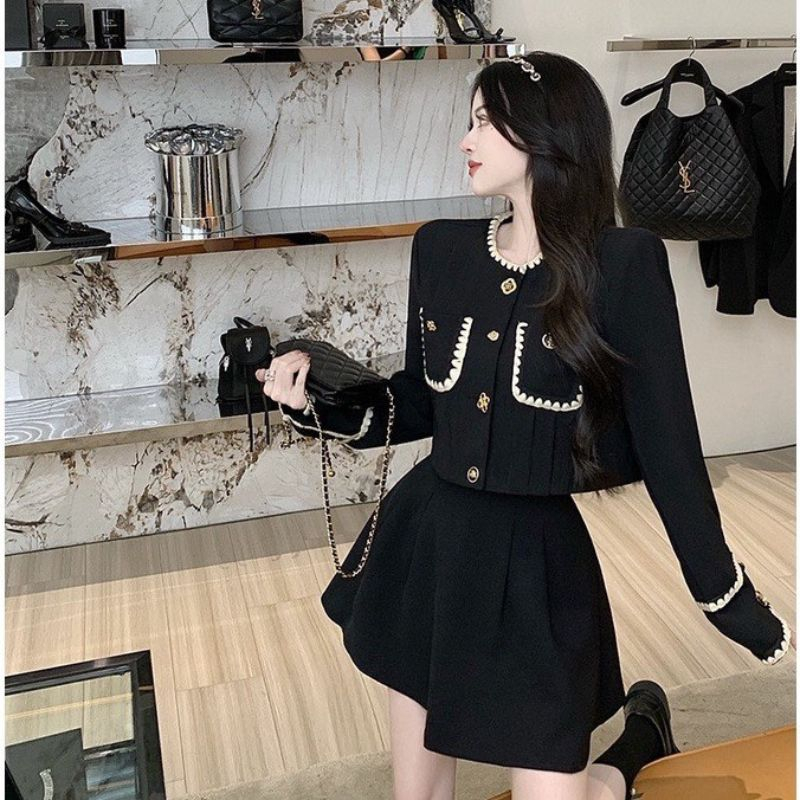 Set áo khoác nhung dài tay phối viền ren tiểu thư kèm chân váy ngắn xếp ly trẻ trung