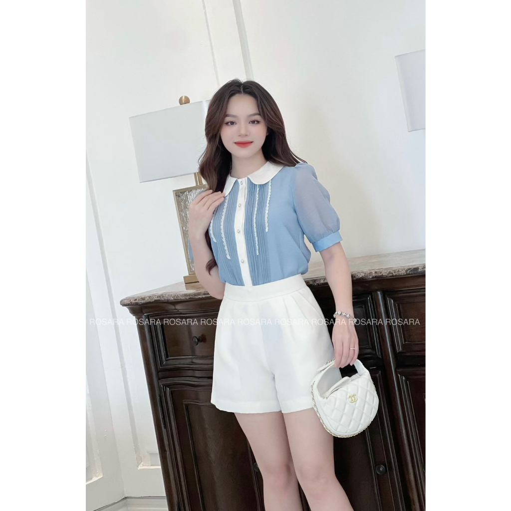 Áo Sơ Mi Ngắn Tay Xanh Phối Viền Trắng Thời Trang Công Sở Nữ Rosara SM223