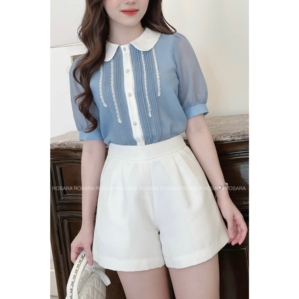 Áo Sơ Mi Ngắn Tay Xanh Phối Viền Trắng Thời Trang Công Sở Nữ Rosara SM223