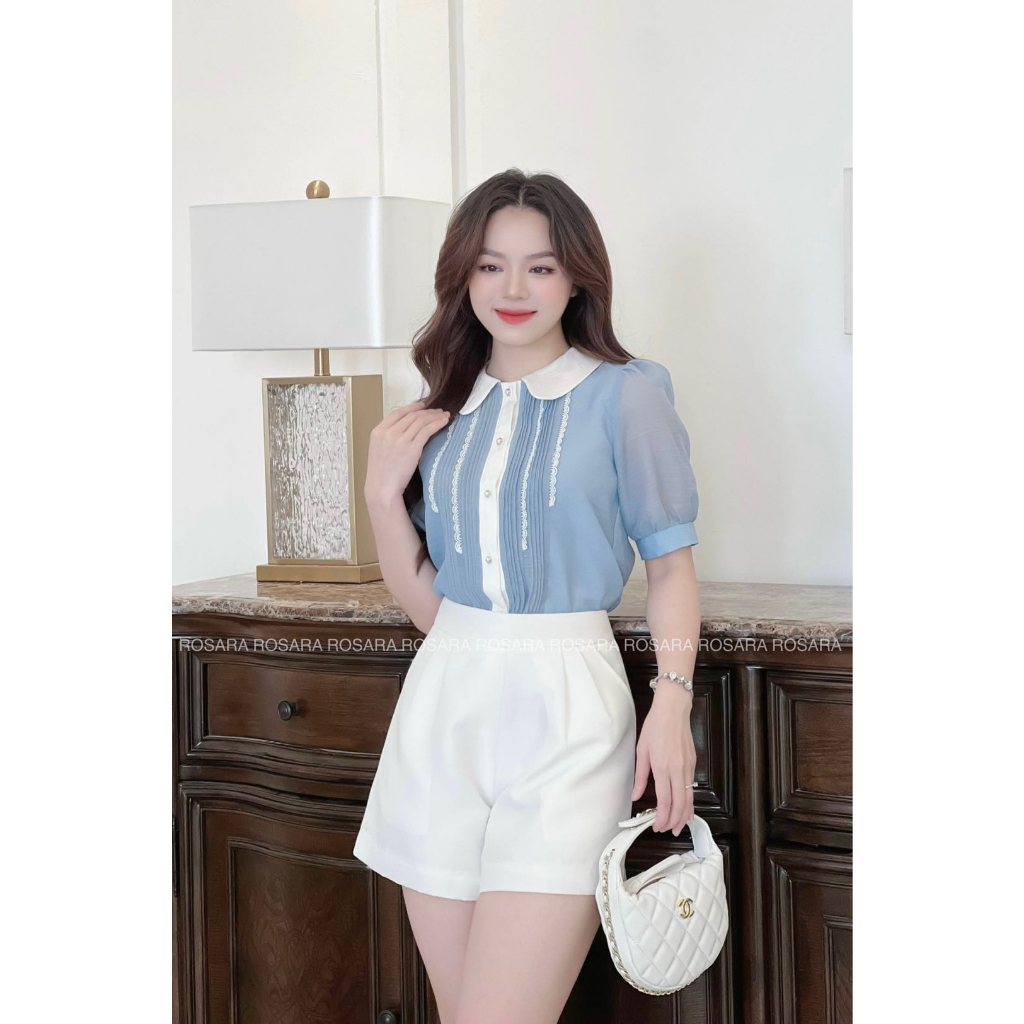 Áo Sơ Mi Ngắn Tay Xanh Phối Viền Trắng Thời Trang Công Sở Nữ Rosara SM223