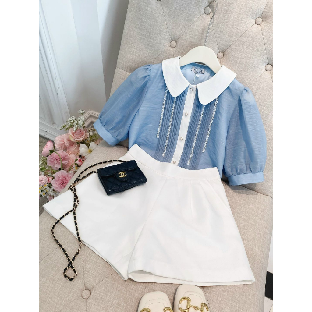 Áo Sơ Mi Ngắn Tay Xanh Phối Viền Trắng Thời Trang Công Sở Nữ Rosara SM223