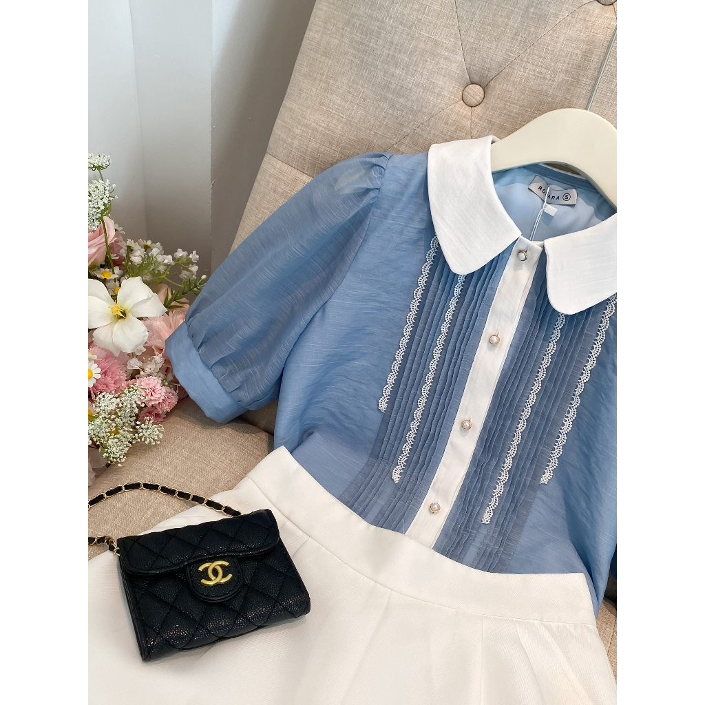 Áo Sơ Mi Ngắn Tay Xanh Phối Viền Trắng Thời Trang Công Sở Nữ Rosara SM223