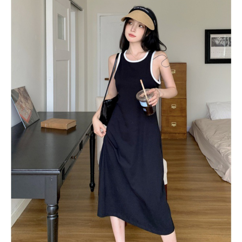 Váy Body Sanjoli Đầm Ôm Chất Thun Hở Lưng Không Tay Viền Trắng Phong Cách Hepburn Của Pháp 2023 Cực Xinh Vd025