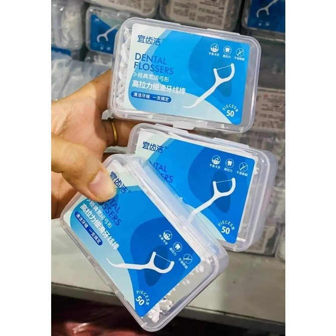 Tăm chỉ nha khoa DELADEP hộp 50 Cây Dental Flossers vệ sinh răng miệng CNK01