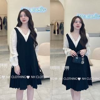 Váy xuông cát hàn cổ V đính đá  tiểu thư