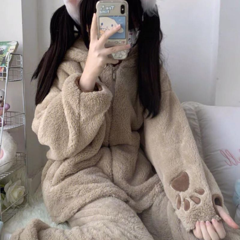 Bộ lông cừu mặc nhà thêu mũ gấu phối tay 2 mặt dày dặn ấm áp, Bộ ngủ bông mùa đông