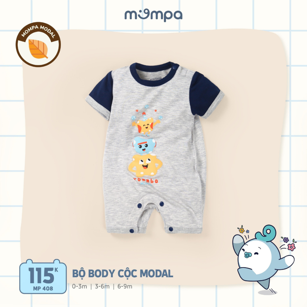 Bodysuit cho bé sơ sinh Mompa từ 0 đến 9 tháng vải Modal cài vai cộc tay mềm mại thấm hút co giãn 408