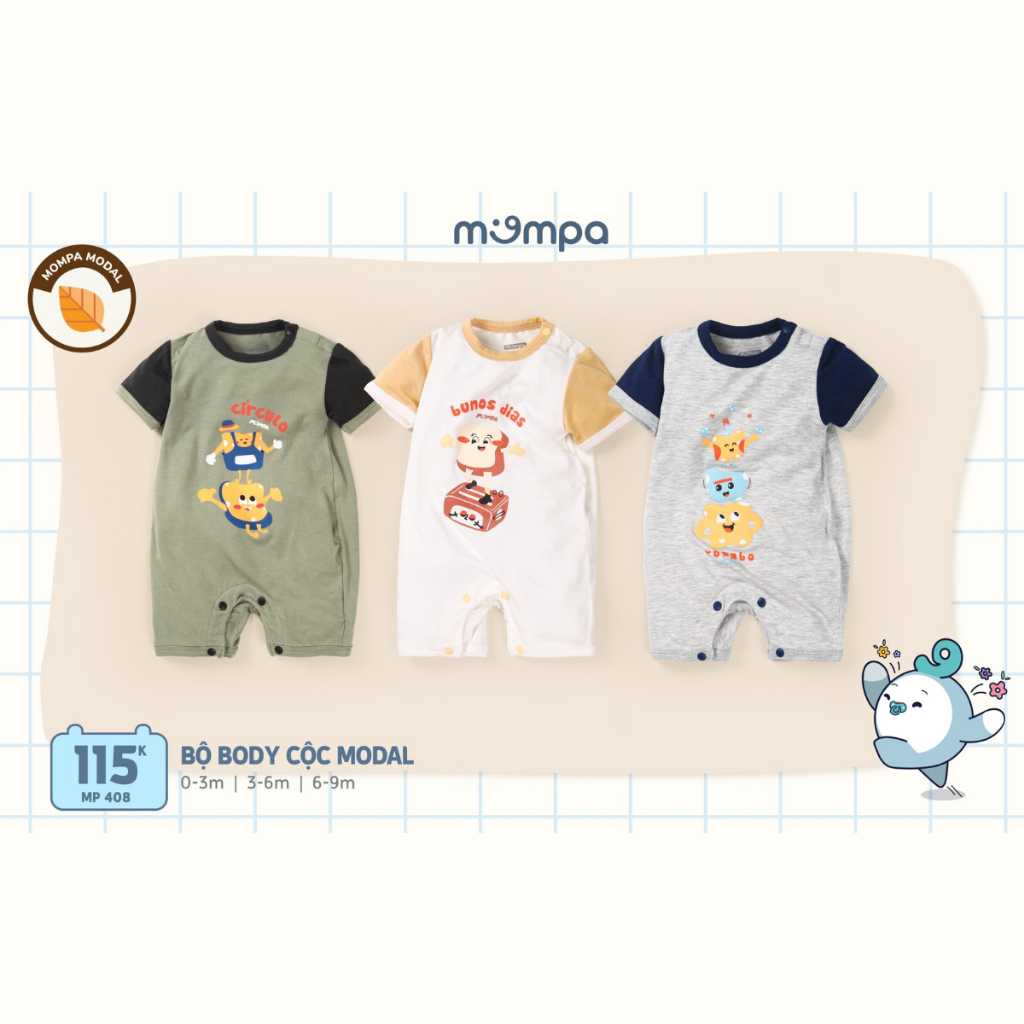 Bodysuit cho bé sơ sinh Mompa từ 0 đến 9 tháng vải Modal cài vai cộc tay mềm mại thấm hút co giãn 408