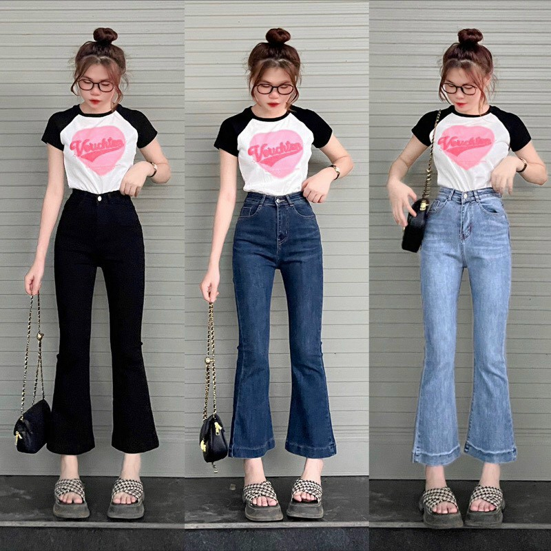 QUẦN JEAN ỐNG LOE 90 CM TRƠN, LAI GẤP, LAI CẮT, LAI XẺ LƯNG CAO, DÀNH CHO NỮ