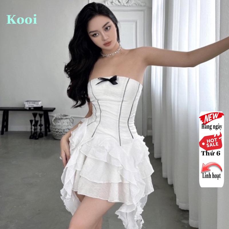 Đầm cúp ngực đính nơ tua rua dáng ngắn (kèm ảnh thật )