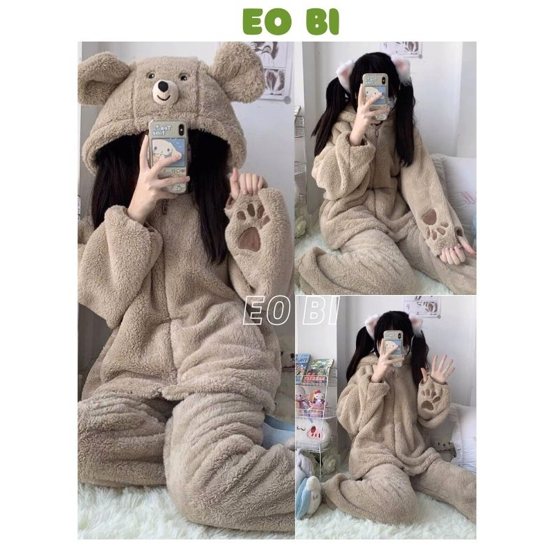 Bộ lông cừu mặc nhà thêu mũ gấu phối tay 2 mặt dày dặn ấm áp, Bộ ngủ bông mùa đông