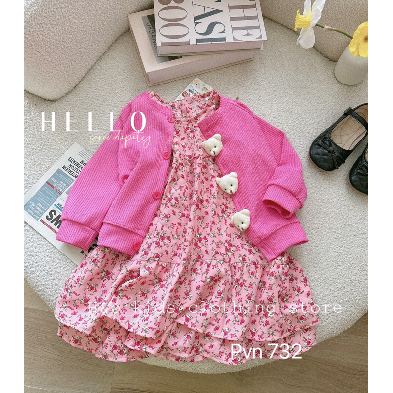 Set áo khoác gấu hồng kèm váy đầm hoa nhí cho bé gái
