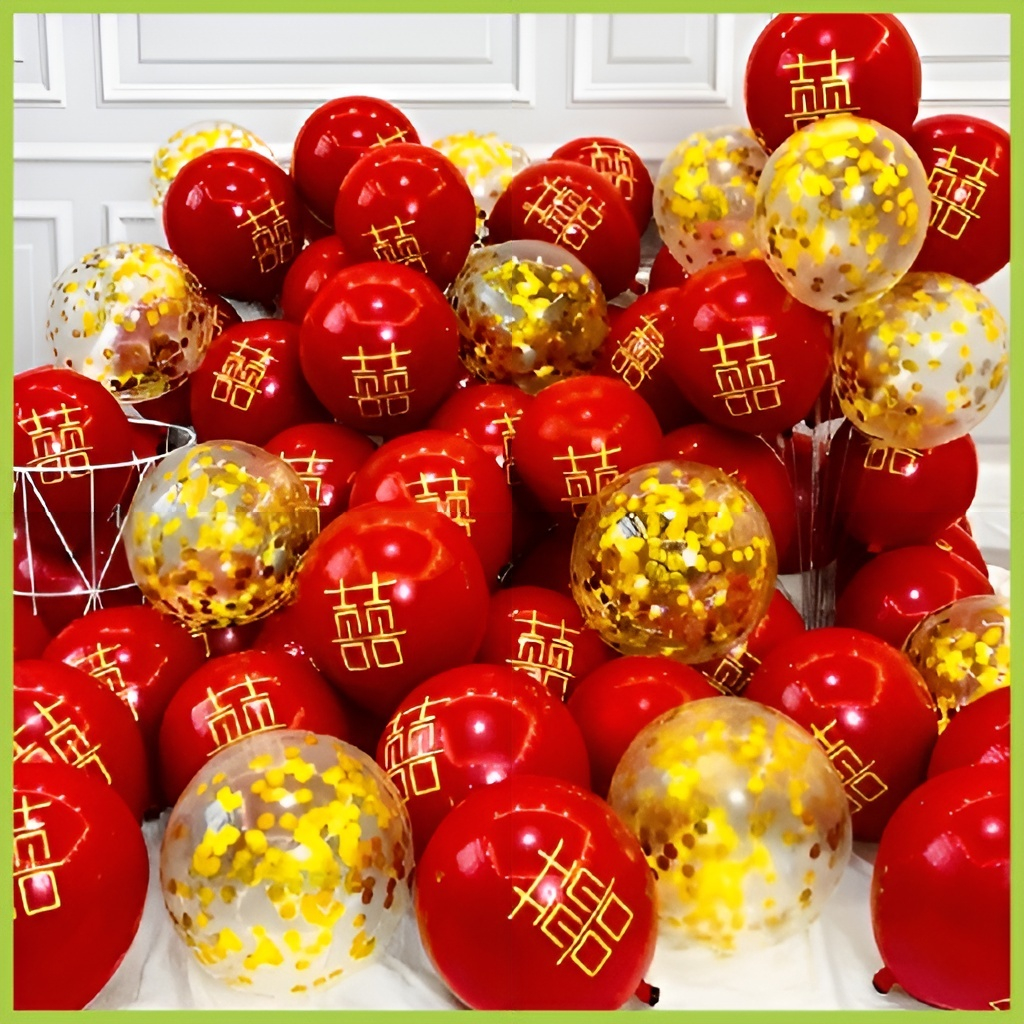 Set 30 bóng 2 lớp in chữ hỷ đám cưới,set bóng trang trí phòng cưới