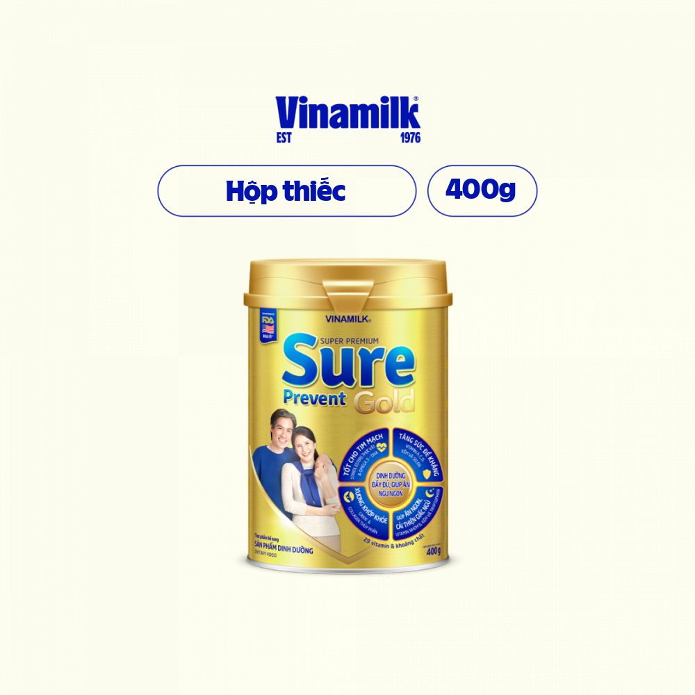 Hộp Sữa bột cho người lớn tuổi Vinamilk Sure Prevent Gold Hộp thiếc 400g - Sữa bổ sung dinh dưỡng và tăng cường sức khỏe